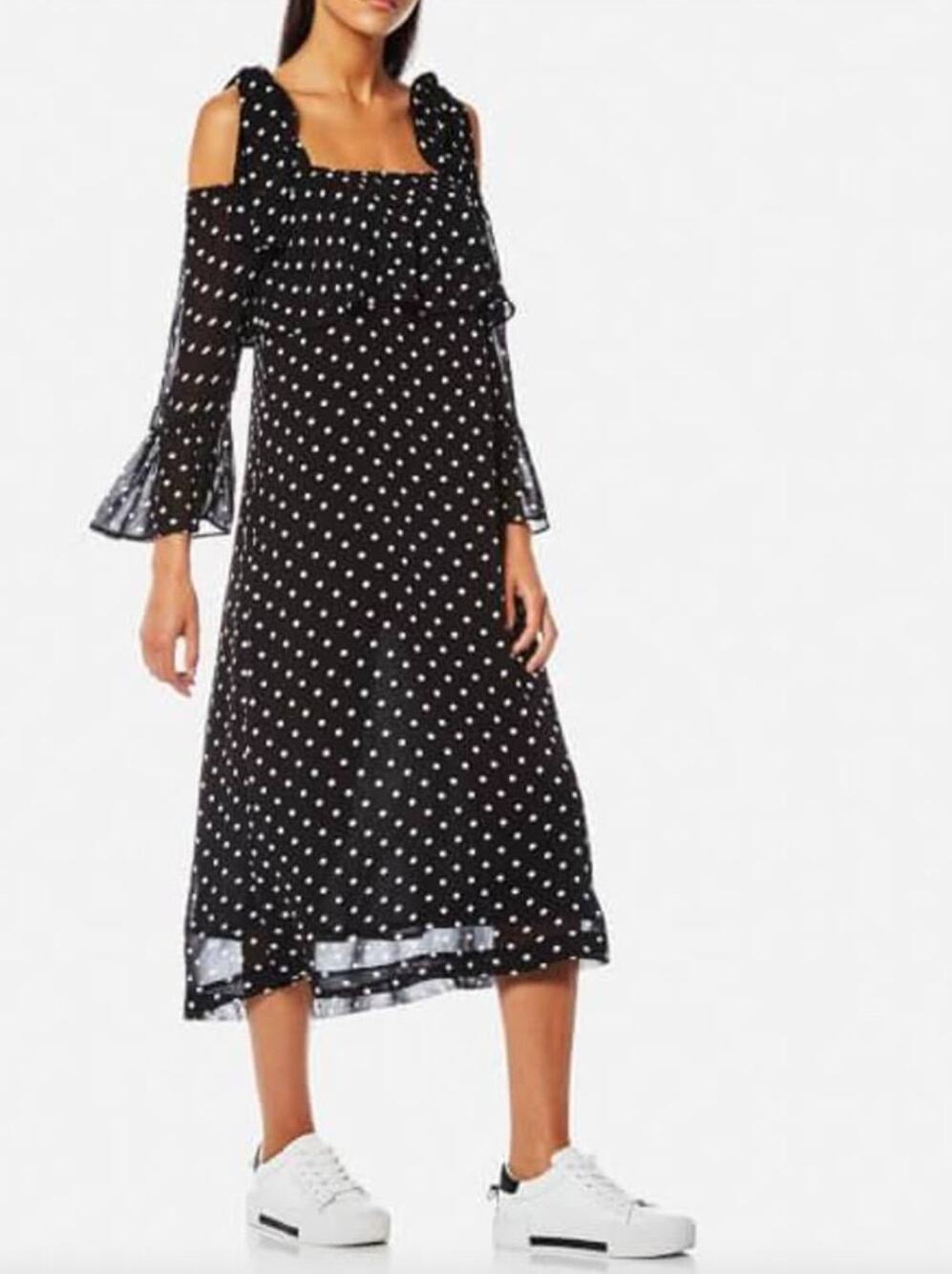 Ganni Cold-shoulder Y2K Polka dot Georgette Dress In Black. Size 36/ US 4